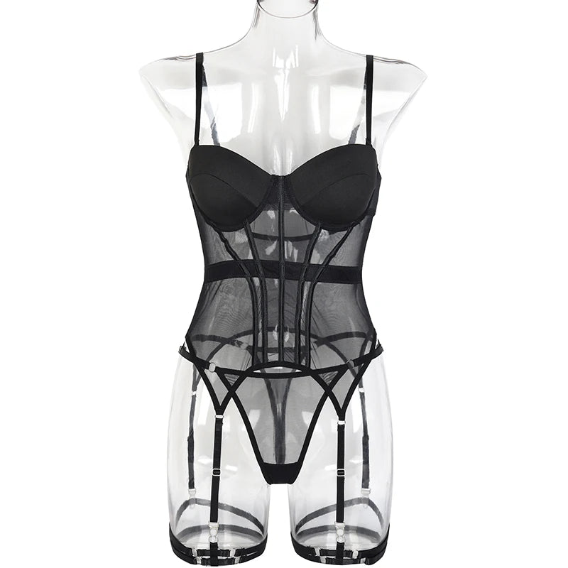 MUZISKAT Mesh Lingerie Luxury Brand Bodysuit Backless Tops for Women 3 Piece Lingerie Set with Garter Sexydresses for Women
