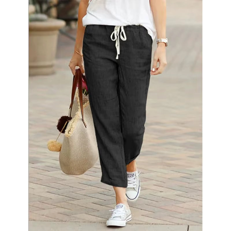 Autumn New Cotton and Hemp Women'S Pants Solid Color Drawstring Elastic Waist Casual Pants Loose Fashion Elegant Pants