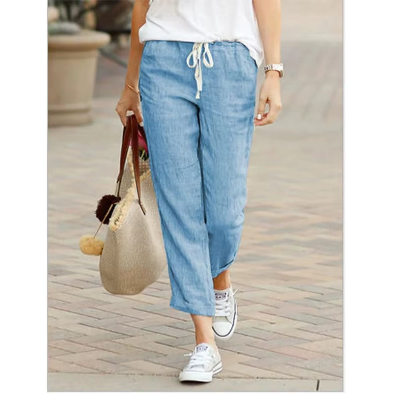 Autumn New Cotton and Hemp Women'S Pants Solid Color Drawstring Elastic Waist Casual Pants Loose Fashion Elegant Pants