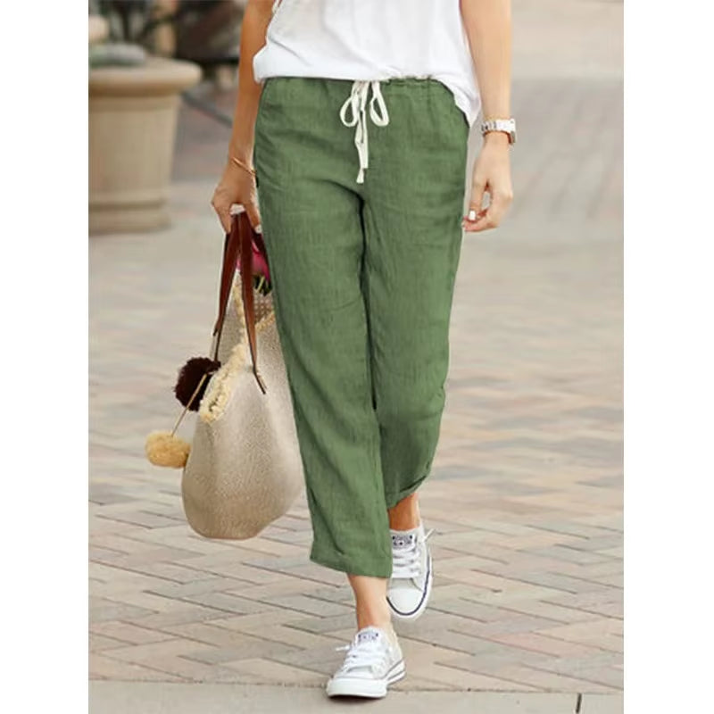 Autumn New Cotton and Hemp Women'S Pants Solid Color Drawstring Elastic Waist Casual Pants Loose Fashion Elegant Pants