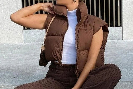Autumn and Winter Women'S Short Cotton down Vest Short Stand-Up Collar Warm Sleeveless Quilted Vest Outdoor Travel Jacket Tops