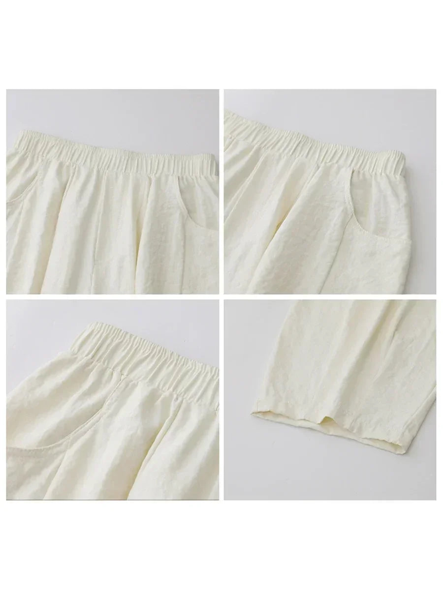 Women White Pants Solid Casual Elastic Waist High Waisted Pleated Wide Leg Female Trousers Fold Summer 2025 Clothing
