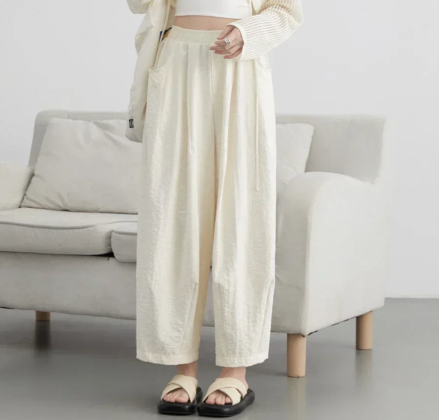 Women White Pants Solid Casual Elastic Waist High Waisted Pleated Wide Leg Female Trousers Fold Summer 2025 Clothing