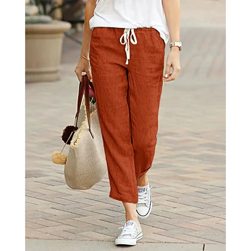 Autumn New Cotton and Hemp Women'S Pants Solid Color Drawstring Elastic Waist Casual Pants Loose Fashion Elegant Pants