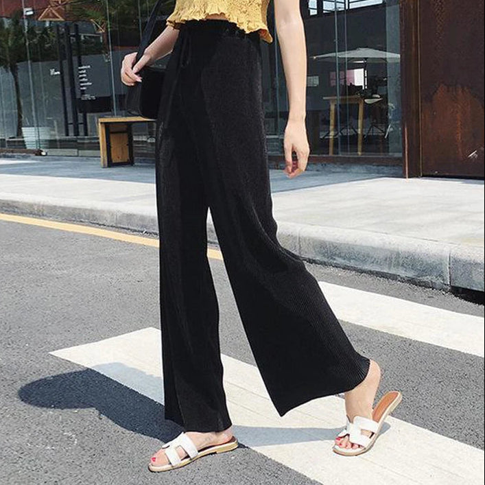 Women Fashion Summer Wide Leg Pants Pleated Ice Silk Trousers Elastic Waist Loose Casual Pants