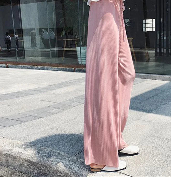 Women Fashion Summer Wide Leg Pants Pleated Ice Silk Trousers Elastic Waist Loose Casual Pants