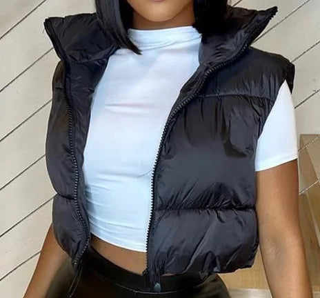 Autumn and Winter Women'S Short Cotton down Vest Short Stand-Up Collar Warm Sleeveless Quilted Vest Outdoor Travel Jacket Tops