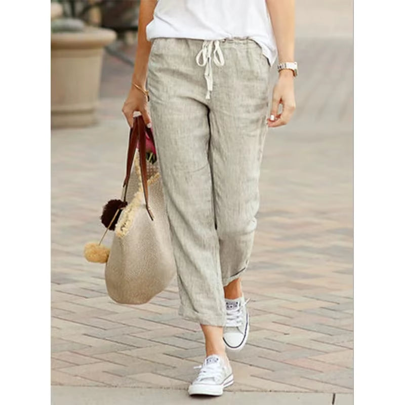 Autumn New Cotton and Hemp Women'S Pants Solid Color Drawstring Elastic Waist Casual Pants Loose Fashion Elegant Pants