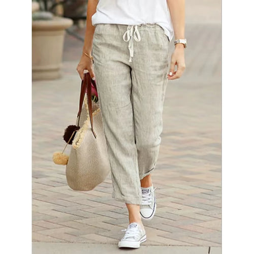 Autumn New Cotton and Hemp Women'S Pants Solid Color Drawstring Elastic Waist Casual Pants Loose Fashion Elegant Pants