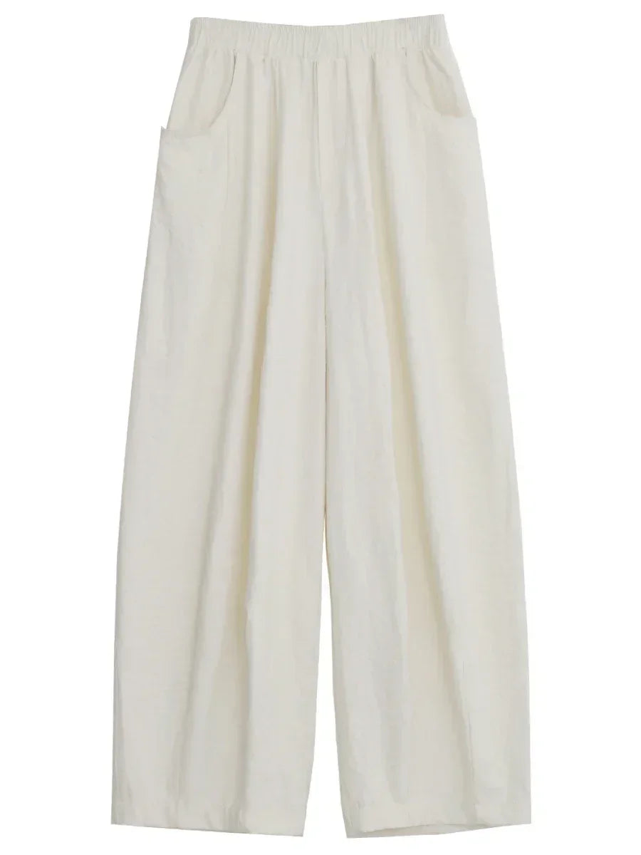 Women White Pants Solid Casual Elastic Waist High Waisted Pleated Wide Leg Female Trousers Fold Summer 2025 Clothing