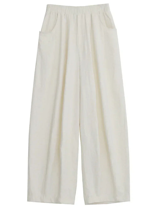 Women White Pants Solid Casual Elastic Waist High Waisted Pleated Wide Leg Female Trousers Fold Summer 2025 Clothing