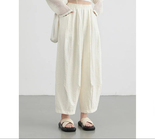Women White Pants Solid Casual Elastic Waist High Waisted Pleated Wide Leg Female Trousers Fold Summer 2025 Clothing