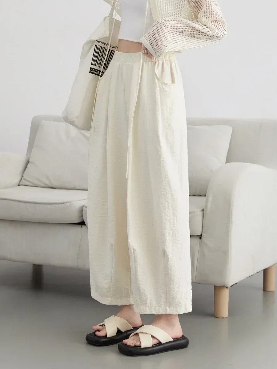 Women White Pants Solid Casual Elastic Waist High Waisted Pleated Wide Leg Female Trousers Fold Summer 2025 Clothing