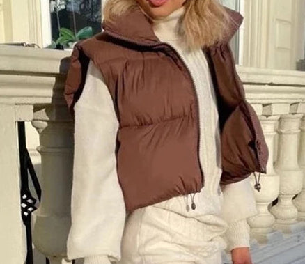 Autumn and Winter Women'S Short Cotton down Vest Short Stand-Up Collar Warm Sleeveless Quilted Vest Outdoor Travel Jacket Tops