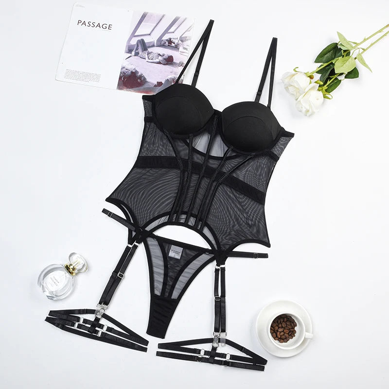 MUZISKAT Mesh Lingerie Luxury Brand Bodysuit Backless Tops for Women 3 Piece Lingerie Set with Garter Sexydresses for Women