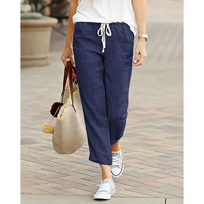 Autumn New Cotton and Hemp Women'S Pants Solid Color Drawstring Elastic Waist Casual Pants Loose Fashion Elegant Pants