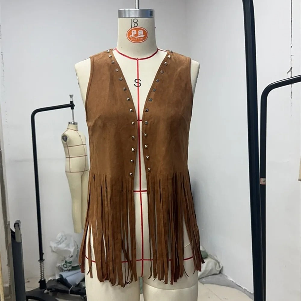 Faux Suede Fringe Tassel Vest Jacket