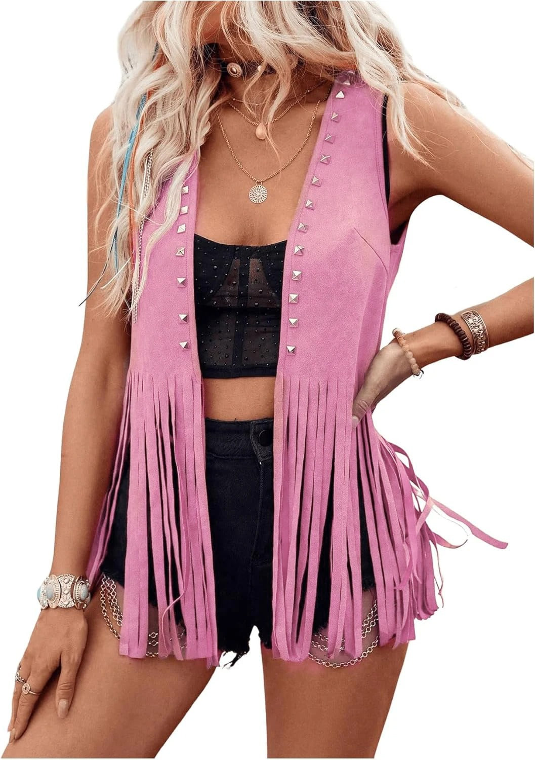 Faux Suede Fringe Tassel Vest Jacket