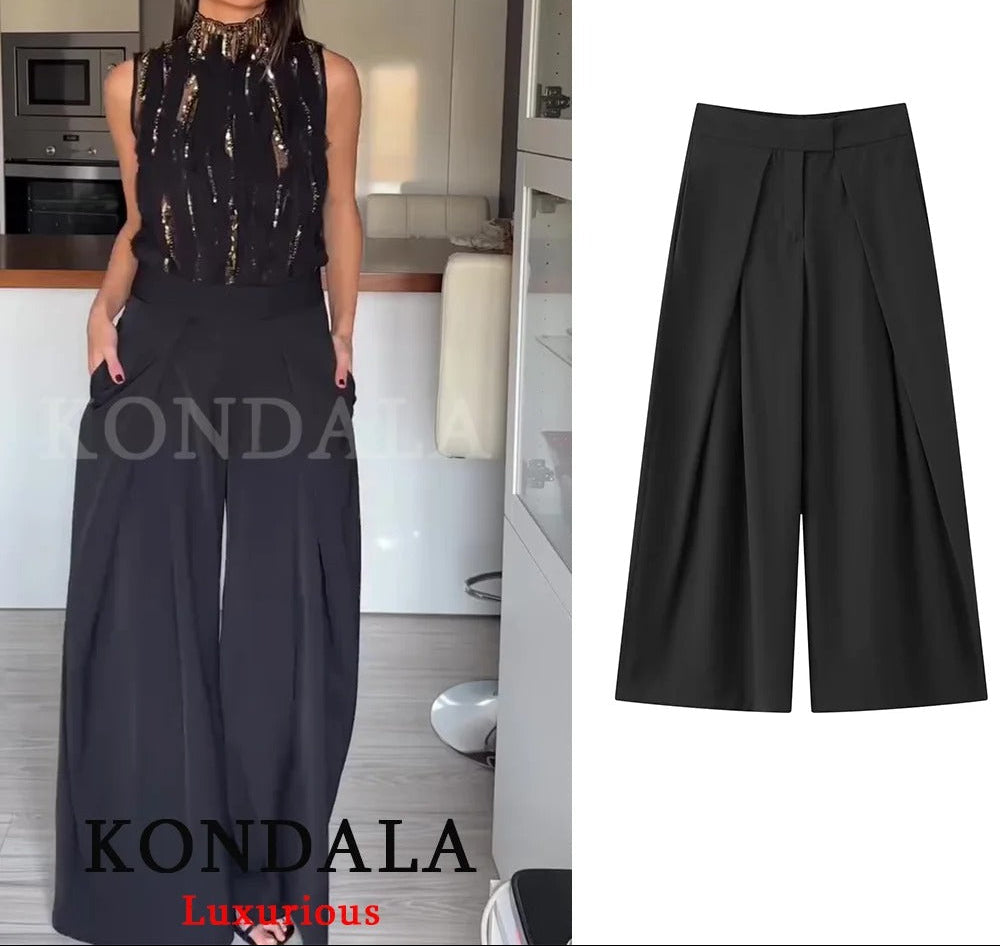 Pleated Wide Leg Trousers with Pockets