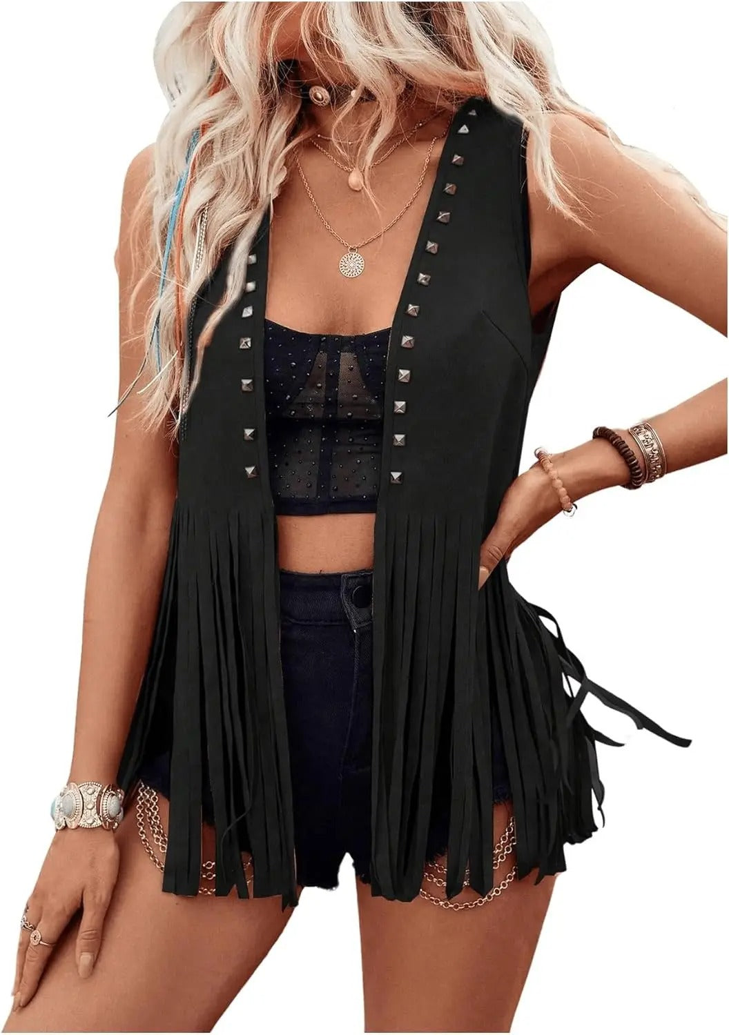 Faux Suede Fringe Tassel Vest Jacket